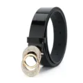Élégante ceinture femme noire en cuir verni avec boucle double anneau strassée chic - Style Strass Double Anneau / Noir