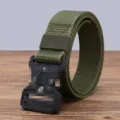 Tactical belt detail view, durable military green nylon webbing with heavy-duty metal buckle. - 125cm / Army Green