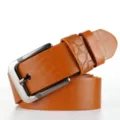 Mens brown leather belt with stylish metal pin buckle, durable and versatile for jeans. - 115cm / Camel