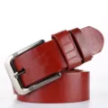 Red crocodile pattern leather belt for men with stylish silver pin buckle versatile casual wear - 115cm / Red Brown