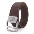 Detailed view of tactical canvas belt with metal double ring buckle and durable nylon strap. - Coffee