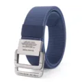 Casual nylon canvas belt with metal double ring buckle, durable tactical belt detail view. - Navy Blue