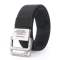 Detailed view of black nylon canvas belt with metallic double ring buckle and printed text. - Black