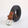 Dark grey elastic woven belt with brown leather detail and silver buckle for daily wear. - Gray