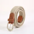 Beige woven elastic belt with brown pu leather buckle versatile stretchy jeans belt for daily wear - Khaki