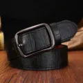 Men black leather belt with metal pin buckle, retro casual trouser belt for daily wear. - 115cm / Black