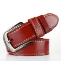 Men red PU leather belt with silver pin buckle and contrast stitching casual trouser belt detail - Red Brown