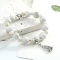 Jingdezhen ceramic beaded bracelet with tassel, traditional Chinese style fashion jewelry gift. - Milk Tea