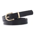 Black skinny leather belt for women, slim waist strap with gold U-shaped buckle accessory. - 105cm / Black