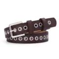 Women's brown leather belt with metal eyelets and silver buckle, stylish all-match accessory. - 105cm / Coffee