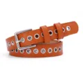 Women orange leather belt metal eyelets punched fashion versatile waist strap accessory - 105cm / Camel
