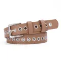 Women's brown grommet belt with silver metal buckle, casual stylish hollow waist belt. - 105cm / Khaki