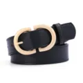 Women minimalist faux leather belt black with gold buckle casual jeans waist accessory - Black