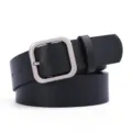 Women black PU leather belt featuring silver square buckle for casual jeans wear - Black