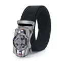 Men's black tactical canvas belt with stylish metal automatic buckle, durable nylon strap. - Silver Cross Wheel Automatic Buckle / Black