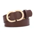 Women's dark brown PU leather belt with gold geometric buckle for casual jeans and dresses. - Coffee