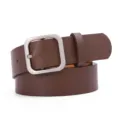 Women retro brown PU leather belt with stylish square metal buckle for jeans pants fashion. - Coffee