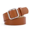 Stylish brown PU leather women belt with classic square silver buckle for casual jeans. - Camel