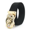 Unisex black canvas belt with gold automatic buckle, stylish rotating wheel design accessory. - Gold Windmill Wheel Automatic Buckle / Black