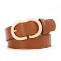 Women brown faux leather belt with stylish gold metal buckle for jeans and dresses - Camel