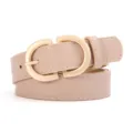 Women minimalist faux leather belt with gold double D buckle and white stitching stylish. - Khaki