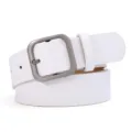 White PU leather women belt featuring a stylish square metal buckle, versatile casual jeans belt. - White