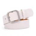 Women white PU leather belt with square silver buckle, stylish casual waistband for jeans. - Off White