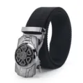 Ceinture en toile noire pour homme avec boucle automatique en métal et motif de cœur tournant. - Boucle Automatique Cadran Pétale Cœur Argenté / Noir