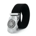 Ceinture tactique en toile noire avec boucle automatique argentée et motif de fleur de cœur en strass. - Boucle Automatique Fleur Cœur Strass Argentée / Noir