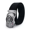 Ceinture en toile noire avec boucle automatique de style voiture, ceinture de taille décontractée. - Boucle Automatique Strass Avant Voiture Sport Argentée / Noir