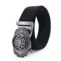 Ceinture en toile noire avec boucle automatique en métal et design de vitesse rotatif. - Boucle Automatique Roue Tournante Sculptée Argentée / Noir