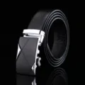Men's black genuine leather automatic buckle business belt with stylish geometric metal buckle. - A808 / Black