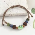 Cute ceramic frog beaded bracelet, handmade literary style wooden and stone bracelet variant. - Square Wooden Bead Big Eyed Frog