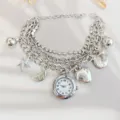 Silbernes mehrlagiges Charm-Armbanduhr mit Stern-, Mond- und Herzanhängern und Strasssteinen. - Silber Stern Mond Herz Kugel Stil (07)