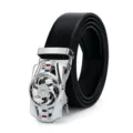 Zwarte lederen riem met zilveren roterende turbine automatische gesp, stijlvol modeaccessoire. - Stijl 3