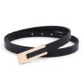 Minimalist women's thin black belt with elegant gold metal buckle, casual fashion waist accessory. - Black