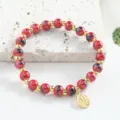 Red ceramic bead bracelet with gold spacer beads and lucky charm, stylish Chinese style jewelry. - 6mm / Red Splashed with Black