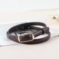Women's thin leather belt in dark brown, featuring a sleek gold rectangular buckle for jeans. - LX391 Coffee
