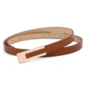Elegant women brown thin leather belt with gold rectangular buckle for jeans wear. - Camel