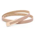 Minimalist women's thin leather belt with gold rectangular buckle, casual khaki style. - Khaki