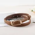 Brown thin leather belt for women with gold rectangular buckle, elegant pants waist accessory. - LX391 Camel