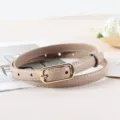 Minimalist women thin khaki leather belt with gold metal buckle casual chic jeans waist accessory - LX391 Off-White