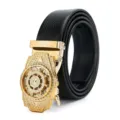 Heren automatisch lederen riem met gouden mechanische draaibare gesp, zwarte band. - Stijl 14
