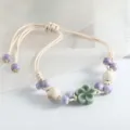 Bracelet en céramique style chinois fleur perles de porcelaine cordon réglable bijoux - Fleur de prunier violette et vert herbe