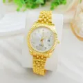 Gold quartz watch with diamond markers and date window for daily luxury wear and couples. - For Women / Gold White / 0.7