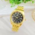 Gouden quartz horloge zwarte wijzerplaat diamant markeringen geribbelde bezel band detail - Voor Heren / Goud Zwart