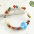 Handmade ceramic beaded bracelet with turtle charm and colorful glazed beads for women daily wear. - Multi-Color(CS175)