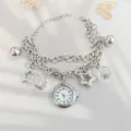 Silbernes mehrlagiges Charm-Armband mit Uhr, Stern- und Kristallanhängern für Damenmode. - Silber Stern Kristallperlen Stil (11)