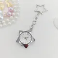 Star keychain watch detail, metal five-pointed star pocket watch pendant and clear dial. - Silver White