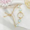 Gold star moon charm bracelet watch with quartz movement and adjustable sliding chain design. - Drawstring Style (2026310) / Gold Blue